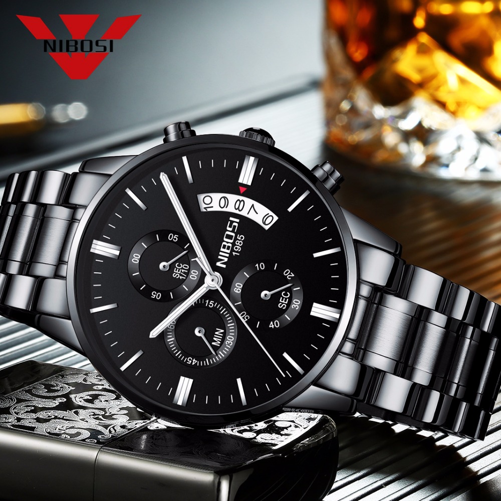 Luxury Watch Mockup - NIBOSI 스테인레스 스틸 블랙 쿼츠 시계