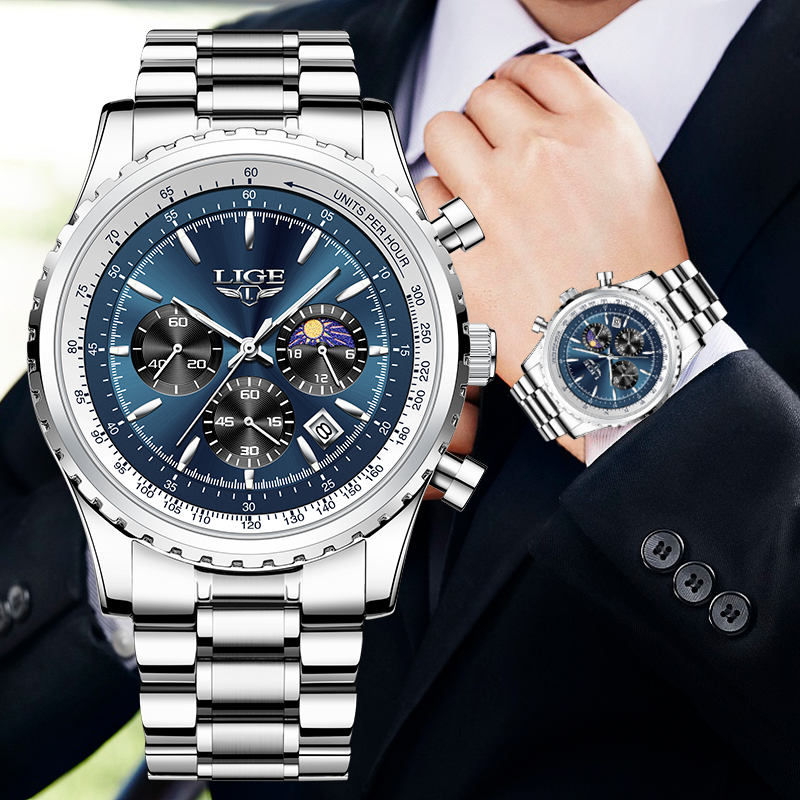 Luxury Watch Mockup - LIGE 남성용 럭셔리 쿼츠 시계, 문페이즈