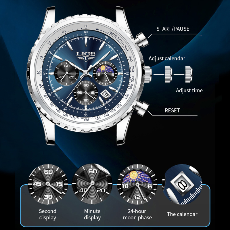 LIGE 남성용 럭셔리 쿼츠 시계, 문페이즈 스테인리스 - Luxury Watch Mockup 리뷰 및 가격
