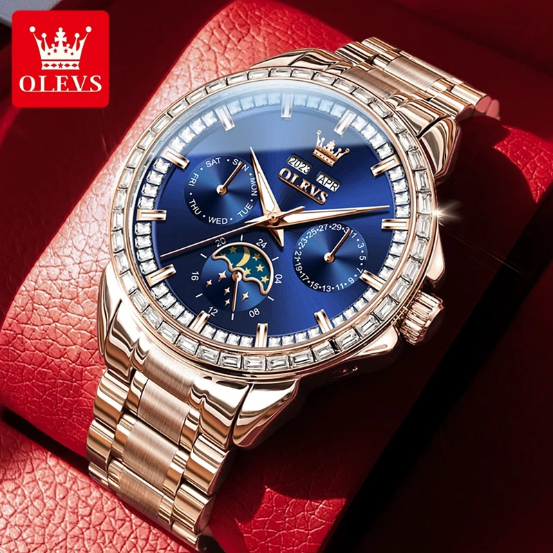 OLEVS 남성용 풀 다기능 다이얼 블루 가죽 스트랩  - Compass Watch Luxury 리뷰 및 가격