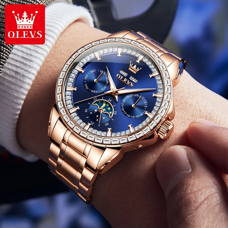 OLEVS 남성용 풀 다기능 다이얼 블루 가죽 스트랩  - Compass Watch Luxury 리뷰 및 가격
